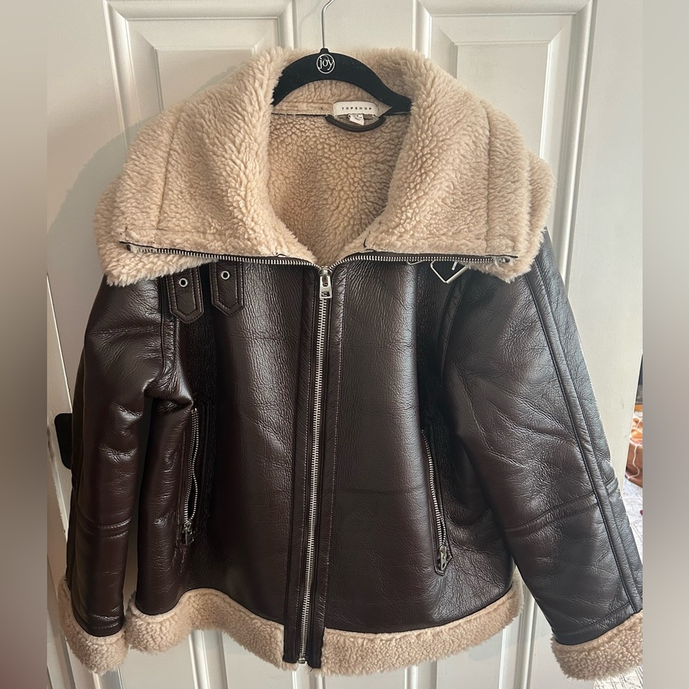 Topshop chocolate brown faux leather shearling aviator jacket